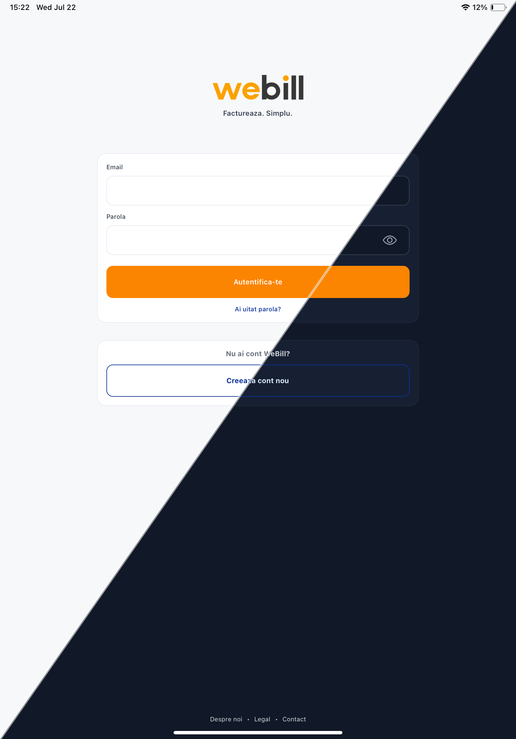 Aplicatia WeBill pe tableta in versiune light si dark